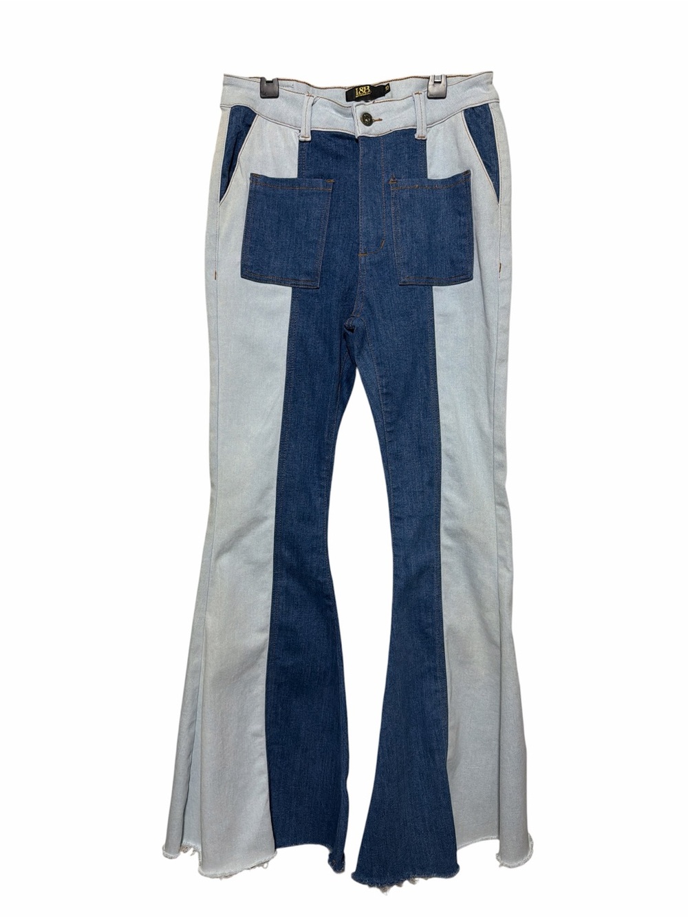 L&B Two-Tone Patchwork Flare Jeans in Light Blue & Dark Blue